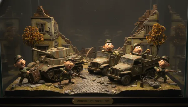 Photorealistic close-up of a scale model diorama scene featuring highly detailed 1:35 scale historical figurines and weathered miniature vehicles on a realistic landscape, dramatic studio lighting, 8k resolution.