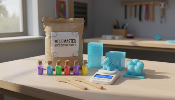 Photorealistic high-quality image of a complete MoldMaster beginner casting kit on a clean wooden craft table, including a bag of white powder, silicone molds, colorful pigments, mixing spatulas, and a precision scale, soft natural workshop lighting.