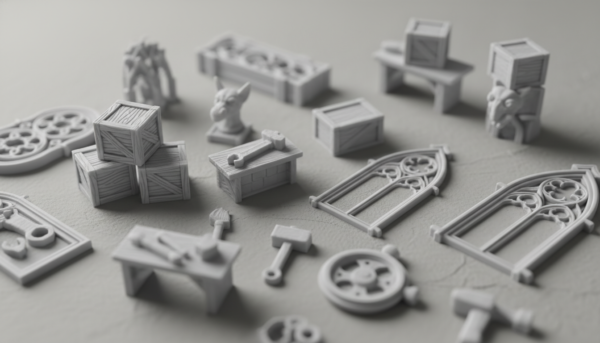Photorealistic macro shot of highly detailed 3D printed resin miniature accessories for a diorama, including tiny crates, tools, and architectural ornaments, professional lighting, 8k resolution, neutral background.