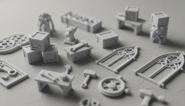 Photorealistic macro shot of highly detailed 3D printed resin miniature accessories for a diorama, including tiny crates, tools, and architectural ornaments, professional lighting, 8k resolution, neutral background.