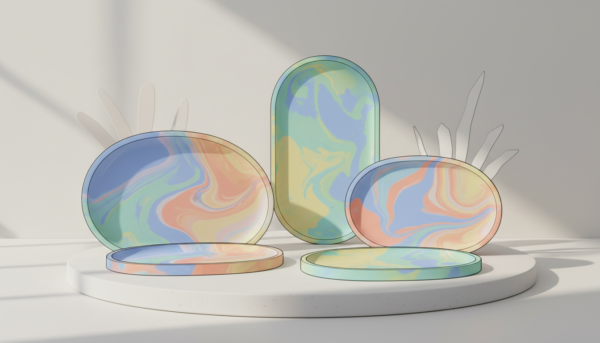 Plateaux décoratifs modernes en Jesmonite avec des motifs marbrés colorés, style minimaliste, éclairage doux de studio.