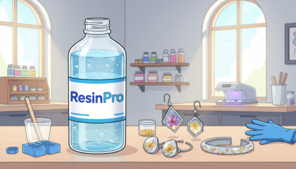 Professional high-quality photo of a crystal clear liquid resin bottle labeled ResinPro, next to sparkling resin jewelry, bright and clean workshop setting, 4k resolution.
