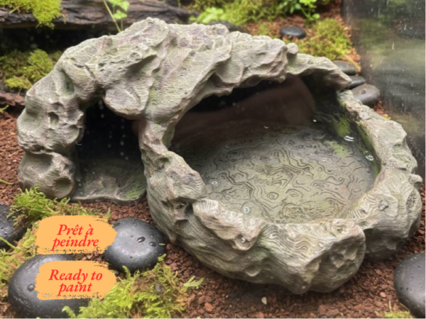 cachette-ecuelle-terrarium-reptile-a-peindre Cachette avec écuelle terrarium à peindre, un abri 2-en-1 imitation roche naturelle pour reptiles et amphibiens.
