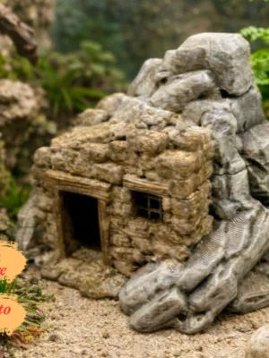 cachette-cabane-ruine-terrarium-peinte Cachette terrarium cabane en ruine à peindre mise en situation dans un aménagement vivarium naturel.