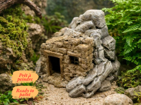 cachette-cabane-ruine-terrarium-peinte Cachette terrarium cabane en ruine à peindre mise en situation dans un aménagement vivarium naturel.