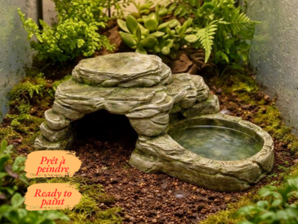 Grotte et abreuvoir terrarium reptile à peindre, un abri 2-en-1 pour aménager son vivarium.