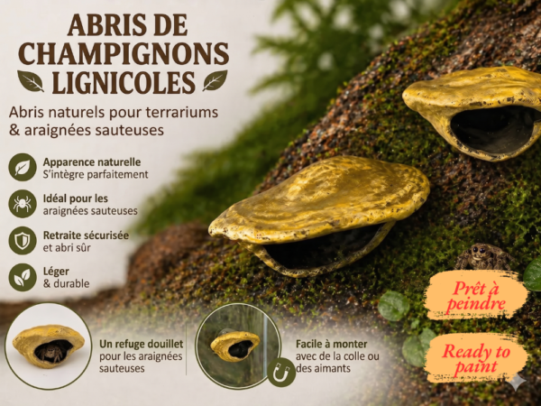 Cachette magnétique araignée sauteuse champignon à peindre fixée sur la vitre d'un aménagement terrarium bioactif.