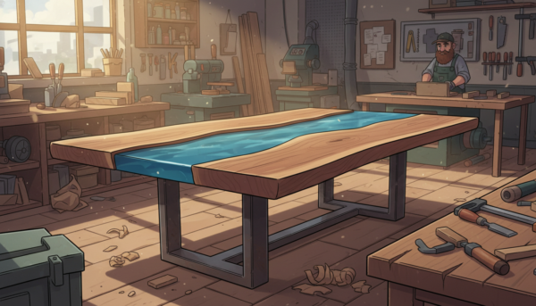 Side view of a thick river table made with wood and translucent blue resin, 5cm depth visible, polished smooth edges, professional carpentry shop.