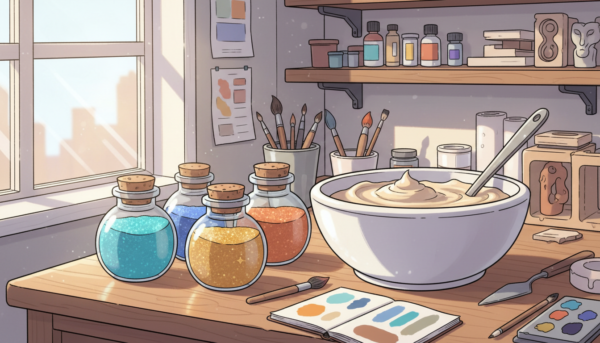 Small glass jars filled with vibrant powdered pigments in shades of turquoise, terracotta, and gold, arranged aesthetically next to a white casting mixture, artistic craft setup.