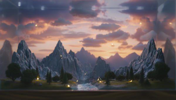 Un arrière-plan de diorama ultra-réaliste représentant un ciel de fin de journée avec des nuages légers et une ligne d'horizon montagneuse floue, style cinématographique, haute résolution.