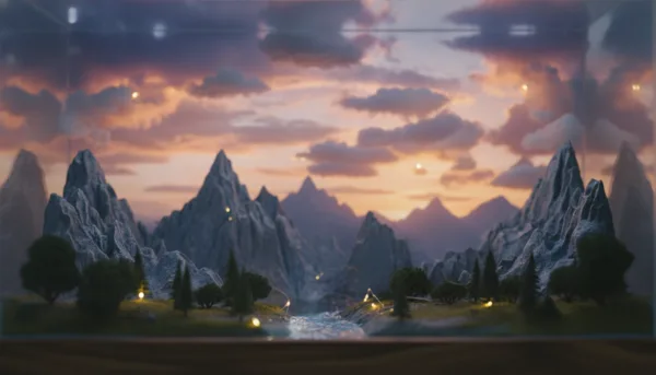 Un arrière-plan de diorama ultra-réaliste représentant un ciel de fin de journée avec des nuages légers et une ligne d'horizon montagneuse floue, style cinématographique, haute résolution.