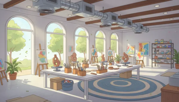 Un atelier d'artiste lumineux et spacieux avec un système de ventilation moderne, des fenêtres ouvertes laissant entrer la lumière naturelle, et des outils de moulage organisés sur un plan de travail propre et sécurisé.