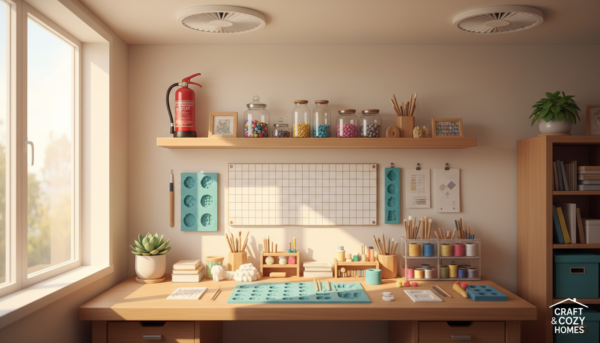 Un atelier de loisirs créatifs lumineux et bien rangé, montrant un petit extincteur rouge installé sur une étagère en bois, un plan de travail propre avec des moules, une ventilation moderne discrète, style photographie de magazine de décoration intérieure, ambiance chaleureuse et sécurisante.