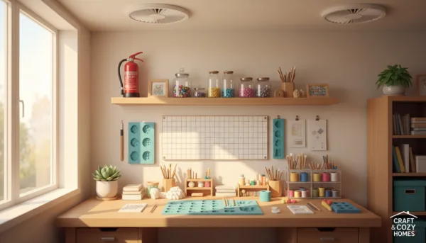 Un atelier de loisirs créatifs lumineux et bien rangé, montrant un petit extincteur rouge installé sur une étagère en bois, un plan de travail propre avec des moules, une ventilation moderne discrète, style photographie de magazine de décoration intérieure, ambiance chaleureuse et sécurisante.
