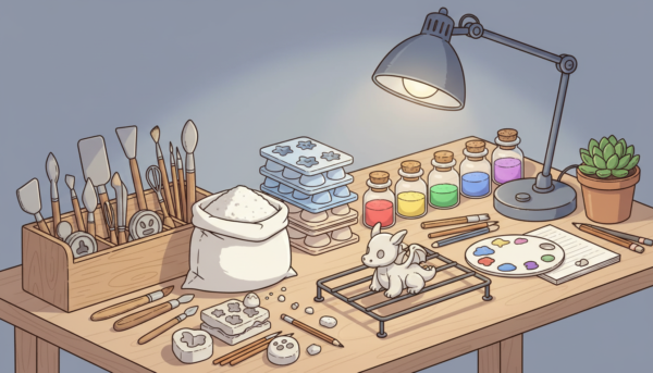 Un espace de travail créatif organisé avec des outils de moulage, de la poudre blanche, des moules et des pigments colorés sur une table en bois clair.