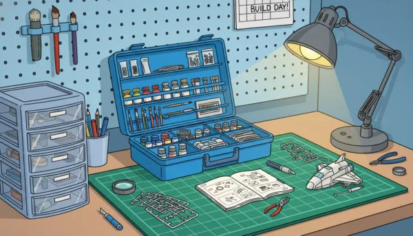 Un espace de travail de modélisme parfaitement ordonné avec une boîte à outils ouverte révélant des compartiments de rangement soignés et une lampe de bureau lumineuse.