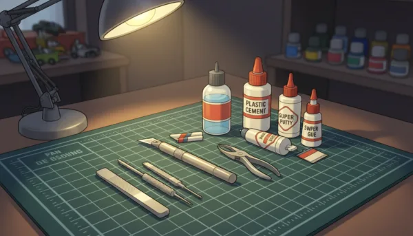 Un kit complet d'outils de modélisme comprenant un cutter de précision, des pinces fines, des limes et plusieurs types de colles sur un tapis de découpe professionnel, lumière d'atelier chaleureuse, haute définition.