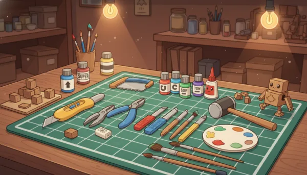 Un kit complet d'outils de modélisme pour débutant disposé sur un tapis de découpe vert, éclairage d'atelier chaleureux et créatif, haute résolution.