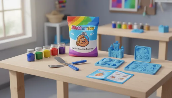 Un kit de moulage Moldmaster complet présenté sur un plan de travail en bois clair, comprenant un sac de poudre blanche, des pigments, des spatules et des moules, style photographie de studio lumineuse et inspirante.