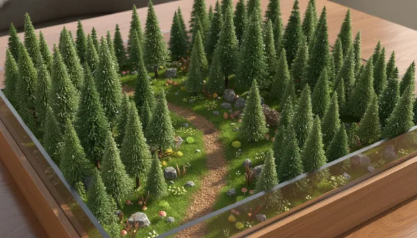 Un paysage de diorama ultra-réaliste montrant une forêt de conifères miniatures avec du flocage d'herbe verte dense et des détails de sol forestier, échelle 1/35, éclairage naturel doux, style professionnel de modélisme.