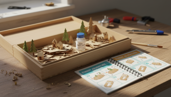 Un plan rapproché d'un kit de diorama ouvert sur une table en bois, montrant des pièces découpées au laser, un petit flacon de colle, un pinceau et un manuel d'instructions coloré avec des schémas clairs, lumière naturelle douce, style photographie de loisirs créatifs.