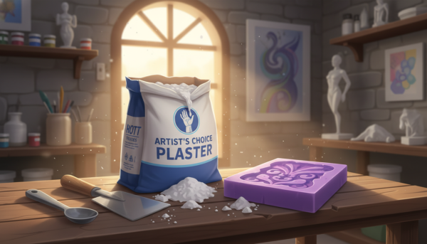 Un sac de plâtre professionnel de haute qualité ouvert dans un atelier d'artiste ensoleillé, avec des spatules de mélange et un moule en silicone détaillé posé sur un établi en bois, style photographie lumineuse et inspirante.