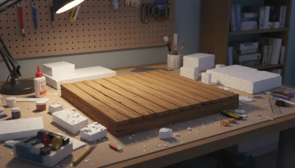 Une base de diorama rectangulaire en bois brut posée sur un établi de modéliste avec des plaques de polystyrène et des outils de découpe, éclairage doux, style professionnel et réaliste.