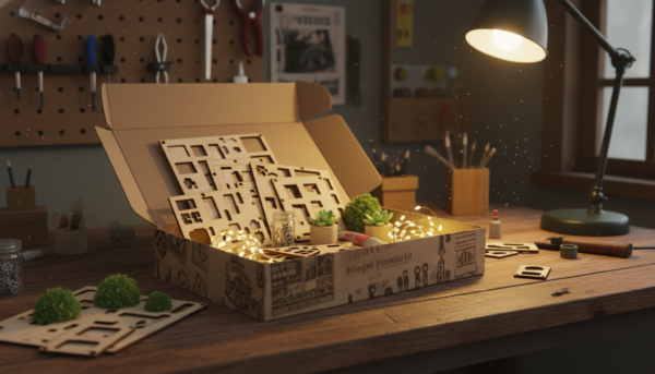 Une boîte de kit de diorama pour adulte ouverte sur un établi en bois, montrant des pièces miniatures en bois découpées au laser, des mini plantes et des lampes LED, style cinématique, lumière chaude d'atelier.
