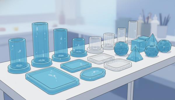 Une collection de moules silicone bleus et transparents de différentes formes : bougeoirs, plateaux et figurines géométriques.