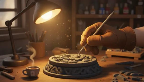 Une main d'artisan utilisant un stylet de modelage fin pour sculpter des reliefs rocheux sur une base de décor miniature, lumière chaleureuse d'atelier.