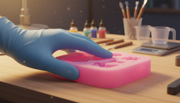 Une main d'artiste portant un gant de protection bleu en nitrile manipulant délicatement un moule en silicone souple sur un plan de travail propre et organisé, éclairage d'atelier chaleureux, style macro photographie professionnelle.