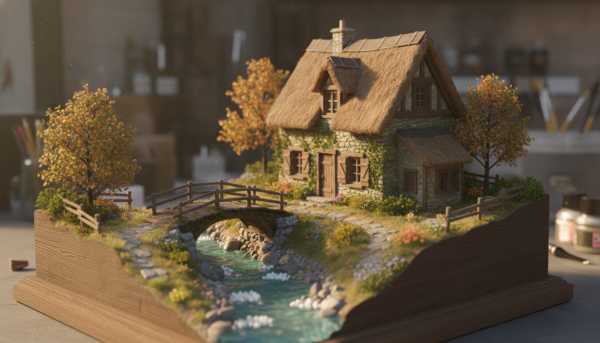 Une maquette ultra-détaillée à l'échelle 1/35 d'une maison de village européenne en pierre avec un pont rustique au-dessus d'un petit ruisseau, décor de diorama réaliste, lumière naturelle de fin de journée.