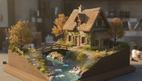 Une maquette ultra-détaillée à l'échelle 1/35 d'une maison de village européenne en pierre avec un pont rustique au-dessus d'un petit ruisseau, décor de diorama réaliste, lumière naturelle de fin de journée.