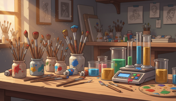 Une photo de haute qualité style atelier d'artiste montrant des pinceaux, des spatules de mélange, une balance de précision et des récipients gradués sur un plan de travail propre, éclairage chaleureux et inspirant.