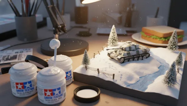 Une photo macro de pots de peinture de texture neige Tamiya à côté d'un diorama hivernal miniature très détaillé avec un petit char d'assaut, éclairage d'atelier doux et réaliste.
