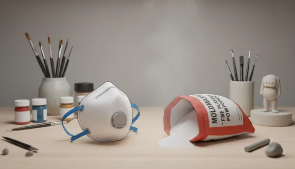 Une photographie de studio haute résolution montrant un masque respiratoire FFP2 professionnel posé à côté d'un sachet de poudre Moldmaster, éclairage doux, style atelier d'artiste propre et organisé.