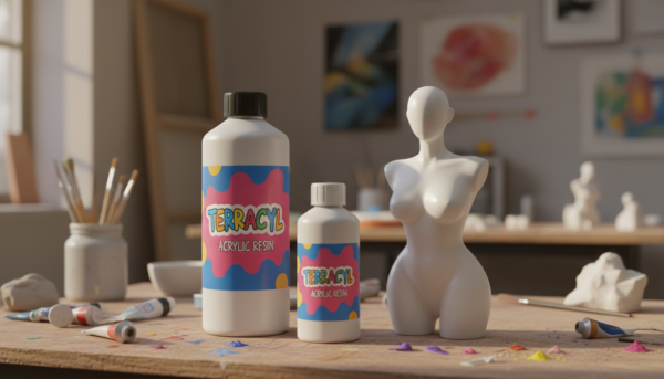 Une photographie professionnelle de deux flacons de résine acrylique Terracryl posés sur un établi d'artiste, une sculpture blanche parfaitement lisse à côté, éclairage chaleureux et naturel, style atelier créatif.