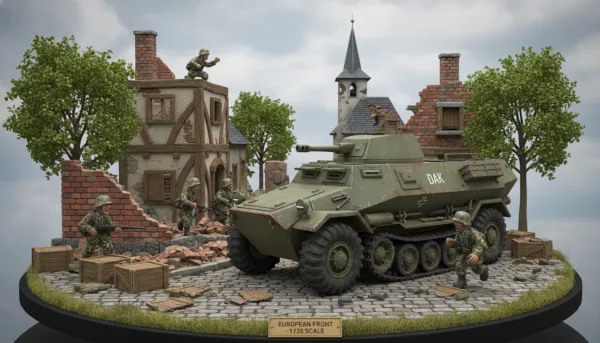 Une scène de diorama à l'échelle 1/35 montrant des figurines de soldats réalistes et un véhicule militaire détaillé dans un décor de village européen, style maquette professionnelle.