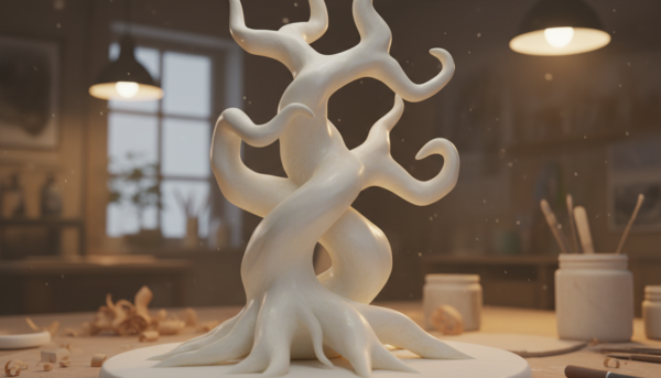 Une sculpture artisanale en Moldmaster avec une finition à la cire d'abeille satinée, lumière douce d'atelier, ambiance chaleureuse et authentique, gros plan sur la texture.