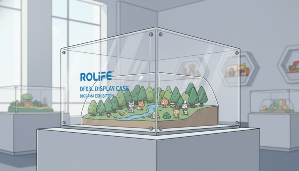 Une vitrine de protection Rolife DF03L assemblée avec six panneaux en acrylique transparent, montrant ses dimensions généreuses, style moderne et épuré pour exposition de diorama.