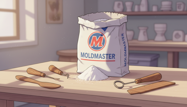 Une vue artistique d'un sachet de poudre de moulage Moldmaster ouvert sur un établi propre, entouré de quelques outils de sculpture en bois, lumière naturelle douce.