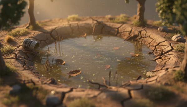 Une vue macro d'un diorama hyper-réaliste montrant une mare d'eau stagnante créée avec AK Interactive Puddles sur un sol terreux sec et craquelé, éclairage cinématographique, détails haute résolution.