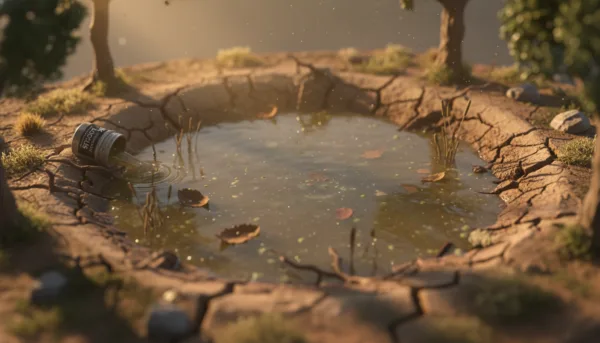 Une vue macro d'un diorama hyper-réaliste montrant une mare d'eau stagnante créée avec AK Interactive Puddles sur un sol terreux sec et craquelé, éclairage cinématographique, détails haute résolution.