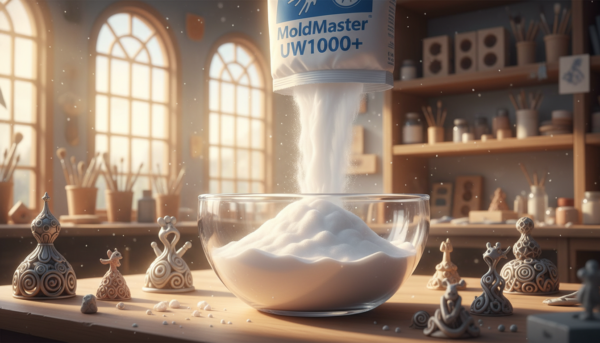 Une vue rapprochée de la poudre de moulage MoldMaster UW1000+ d'un blanc pur et soyeux, versée délicatement dans un bol en verre, entourée de petites sculptures décoratives finies aux détails millimétriques, ambiance d'atelier d'artiste lumineuse et chaleureuse.