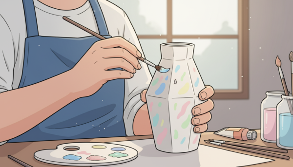 Une vue rapprochée de mains d'artiste utilisant un pinceau fin pour appliquer des détails colorés sur un vase moderne en plâtre Moldmaster, palette de couleurs pastel à côté, lumière douce d'atelier de création.