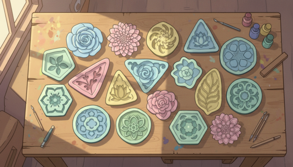 Vue de dessus d'une collection de différents moules silicone aux formes géométriques et florales, disposés harmonieusement sur une table d'atelier, lumière naturelle douce.