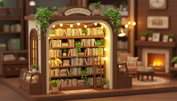 Vue détaillée d'une librairie miniature 3D Cutebee avec des étagères remplies de livres minuscules et des plantes vertes luxuriantes, éclairage LED chaud, style cozy shop.