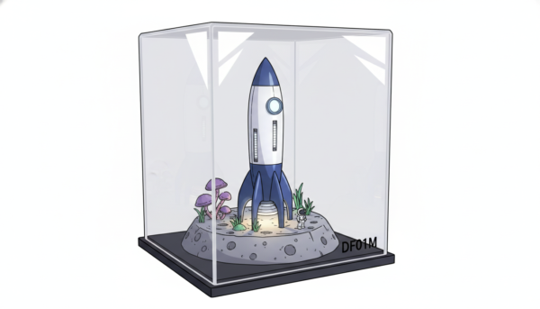 Vue photographique en gros plan d'une vitrine de protection en acrylique transparent de haute qualité, modèle DF01M, abritant une maquette miniature détaillée, éclairage de studio doux, fond blanc minimaliste.