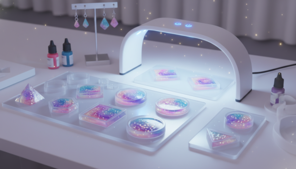 Vue rapprochée de moules en silicone transparents de formes géométriques pour bijoux, posés sur un tapis de travail blanc propre avec une petite lampe UV LED moderne à côté, éclairage de studio doux et créatif.