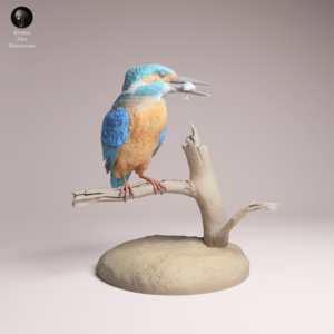 Figurine en résine brute de martin-pêcheur à l'échelle un deuxième représentant l'oiseau sur son perchoir avec un poisson.